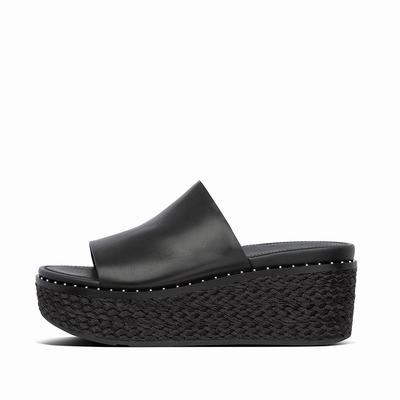 Fitflop Women's ELOISE Espadrille Leather Wedge Slides Wedge Sandals - Black, JU2975601